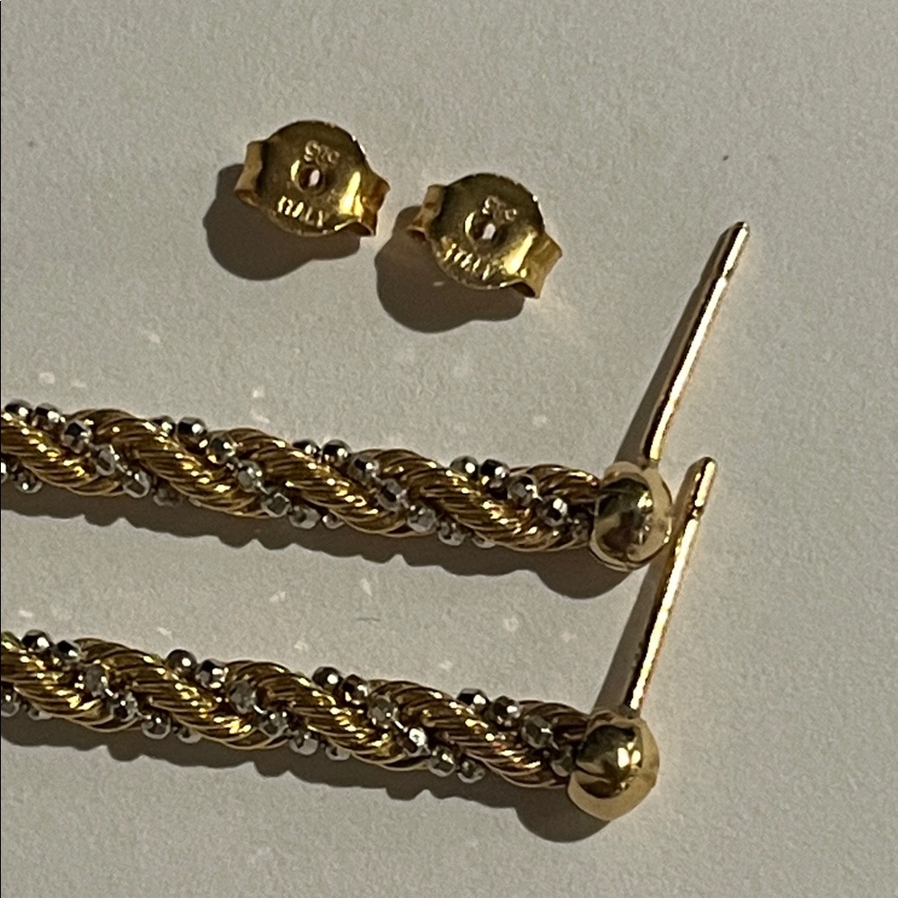 14K Yellow Gold + White Gold Twisted Rope Tassel Earrings, solid gold - Picture 17 of 17